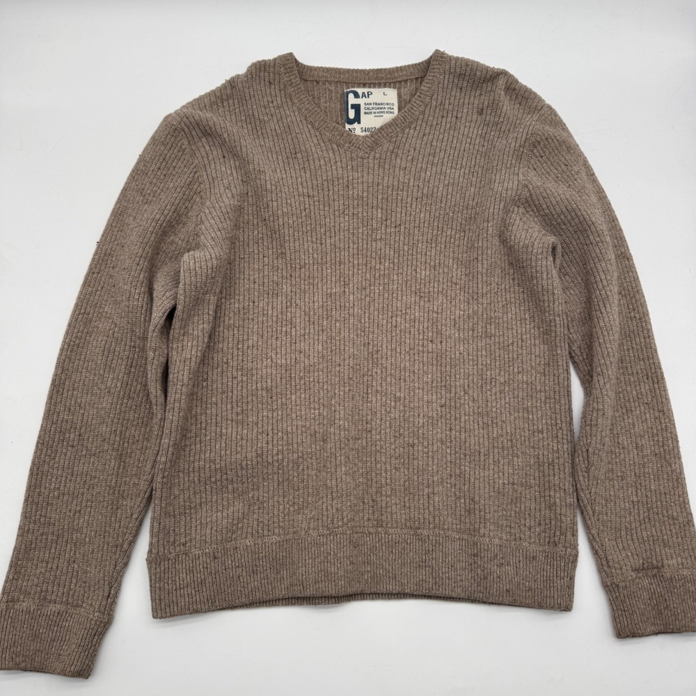 Y2K‎ Gap V Neck Ribbed Knit Sweater Tan Long Sleeve Casual Basic Swan Large